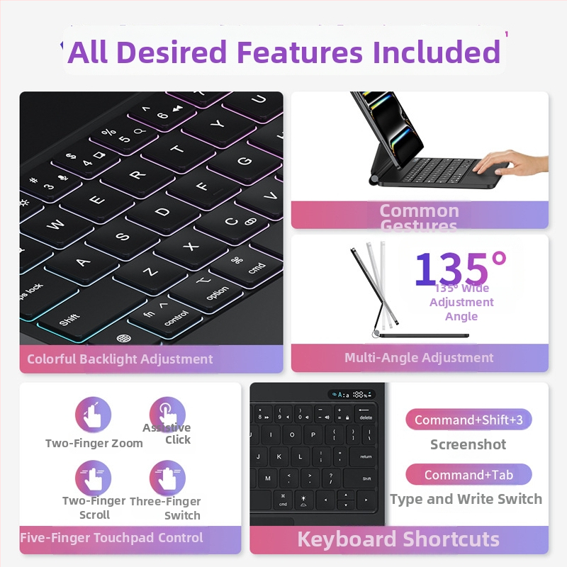 Vezeték nélküli Bluetooth billentyűzet háttérvilágítással érintéses gépeléshez iPad Pro 12,9", Air 4/5/6 és Pro 11-hez, mágneses lebegő dizájn