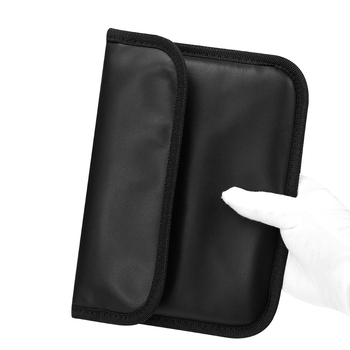 RF apsaugos dėklas planšetėms ir telefonams, anti-radiacija, daugiafunkcinis, anti-lokavimo ir anti-vagystės funkcijos; IPMN-12 modelis, PU oda, Velcro užsegimas, matinė apdaila, vidinis užtrauktuku kišenė.