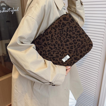 Corduroy quilted laptop bag, leopard print, συμβατή με 15 ιντσών φορητό, βαμβακερή επένδυση, unisex