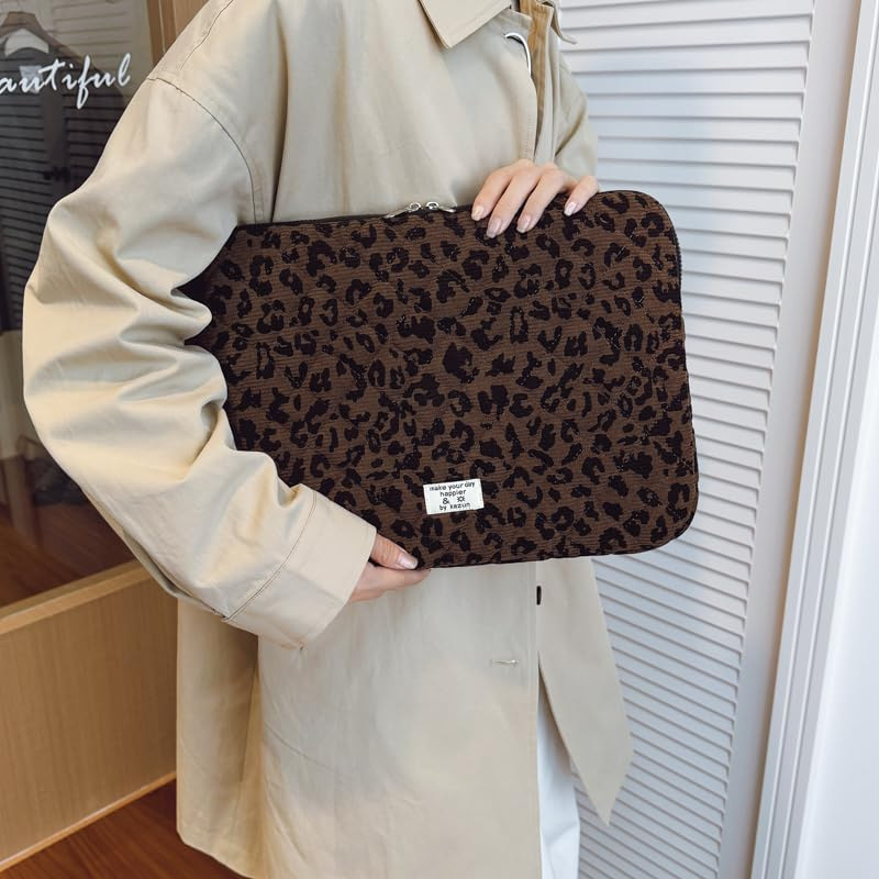 Corduroy quilted laptop bag, leopard print, συμβατή με 15 ιντσών φορητό, βαμβακερή επένδυση, unisex