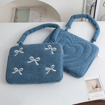 Denim torba za laptop s izvezenim uzorkom i plišastom podlogom – vodootporna, zaštita od krađe, geometrijski uzorak