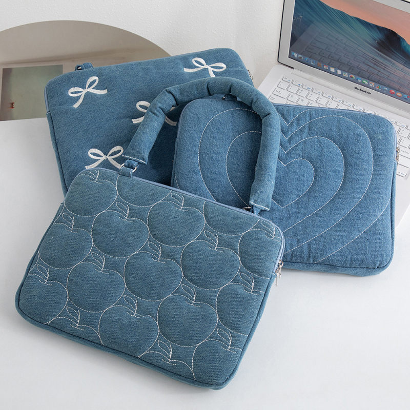 Denim torba za laptop s izvezenim uzorkom i plišastom podlogom – vodootporna, zaštita od krađe, geometrijski uzorak