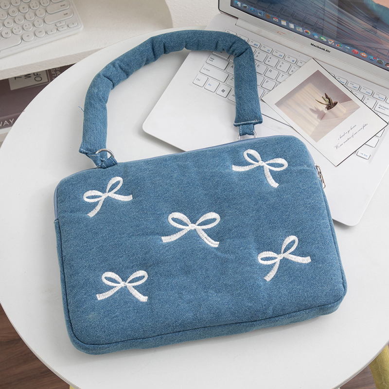 Denim torba za laptop s izvezenim uzorkom i plišastom podlogom – vodootporna, zaštita od krađe, geometrijski uzorak