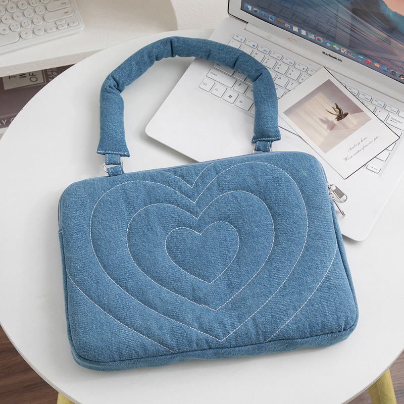 Denim torba za laptop s izvezenim uzorkom i plišastom podlogom – vodootporna, zaštita od krađe, geometrijski uzorak