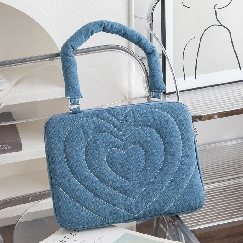 Denim torba za laptop s izvezenim uzorkom i plišastom podlogom – vodootporna, zaštita od krađe, geometrijski uzorak