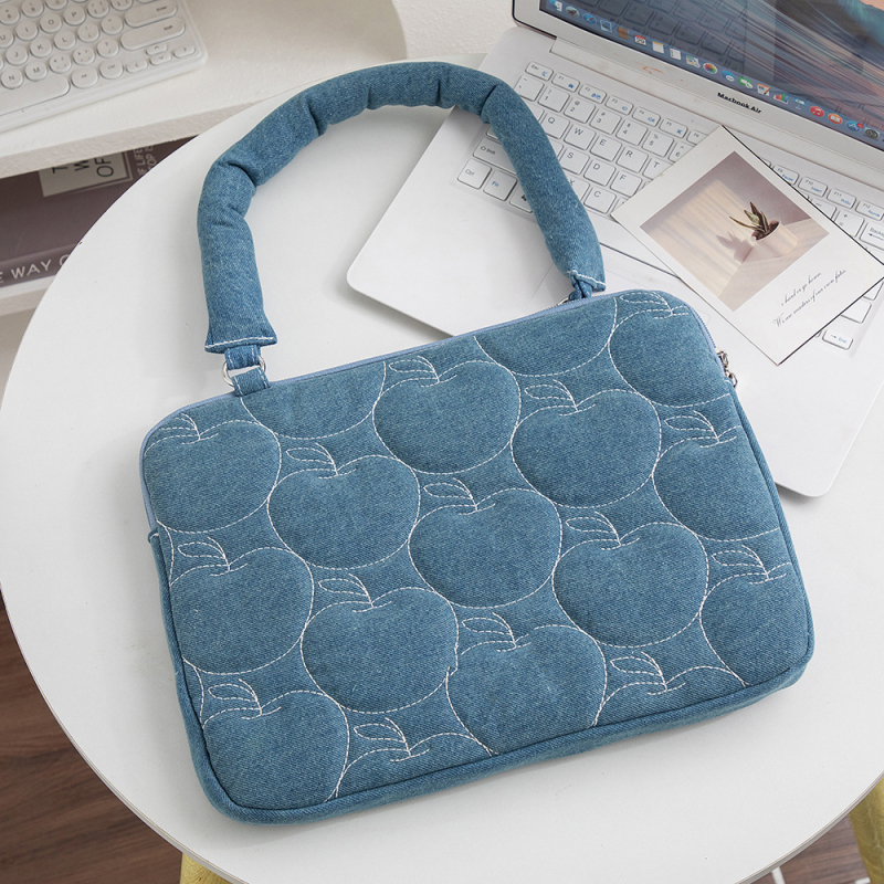 Denim torba za laptop s izvezenim uzorkom i plišastom podlogom – vodootporna, zaštita od krađe, geometrijski uzorak