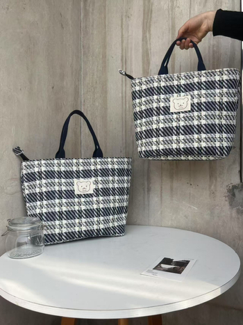 Geantă tote din pânză pentru laptop, model cu dungi în carouri, capacitate mare, închidere cu fermoar, compatibilă cu laptop de 14 inch