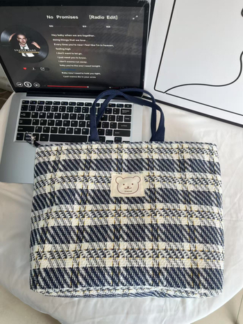 Geantă tote din pânză pentru laptop, model cu dungi în carouri, capacitate mare, închidere cu fermoar, compatibilă cu laptop de 14 inch