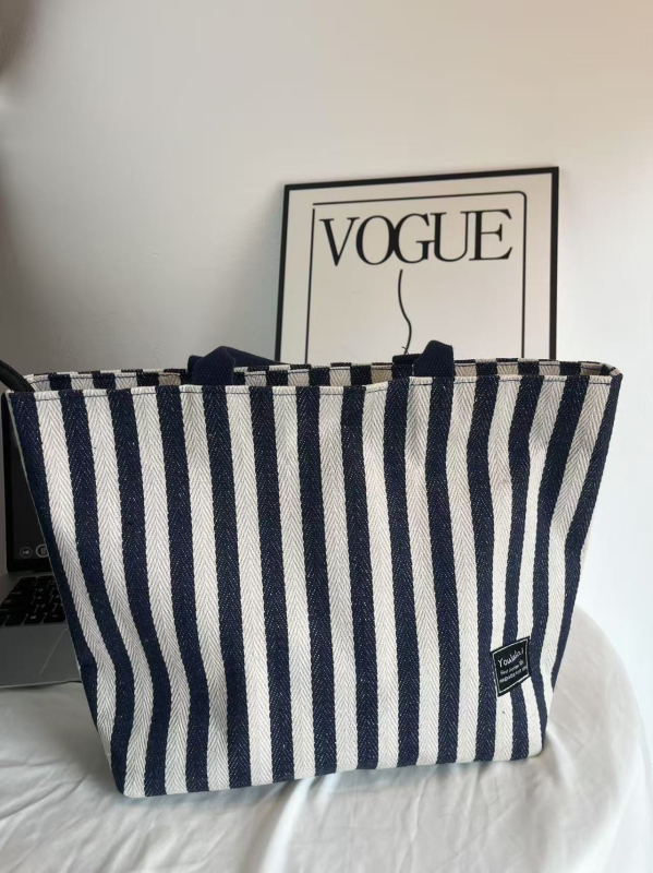 Geantă tote din pânză pentru laptop, model cu dungi în carouri, capacitate mare, închidere cu fermoar, compatibilă cu laptop de 14 inch
