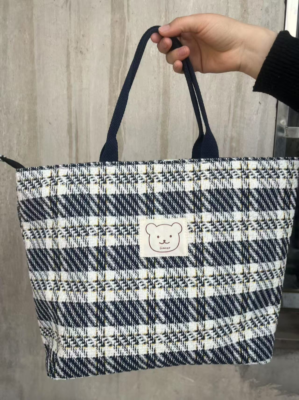 Geantă tote din pânză pentru laptop, model cu dungi în carouri, capacitate mare, închidere cu fermoar, compatibilă cu laptop de 14 inch