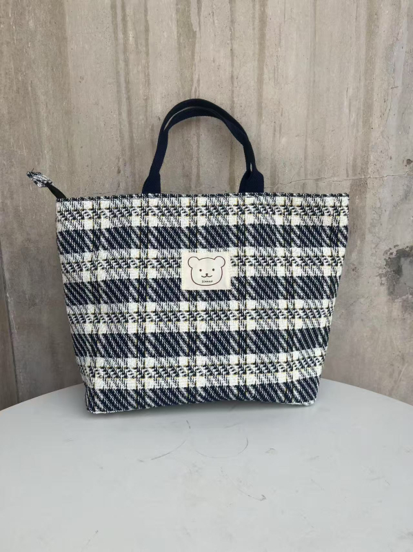 Geantă tote din pânză pentru laptop, model cu dungi în carouri, capacitate mare, închidere cu fermoar, compatibilă cu laptop de 14 inch