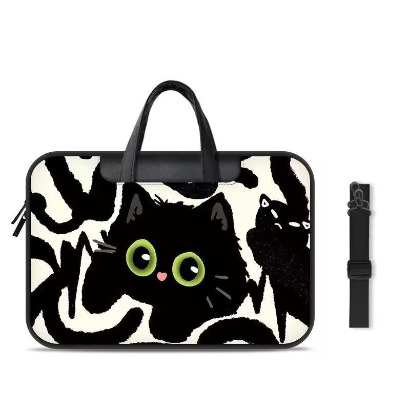 Taška na notebook s dizajnom mačky z kreslených postáv, dvojité použitie – do ruky alebo cez rameno, PU materiál, vodeodolná, odolná voči opotrebeniu, proti otrasom, unisex