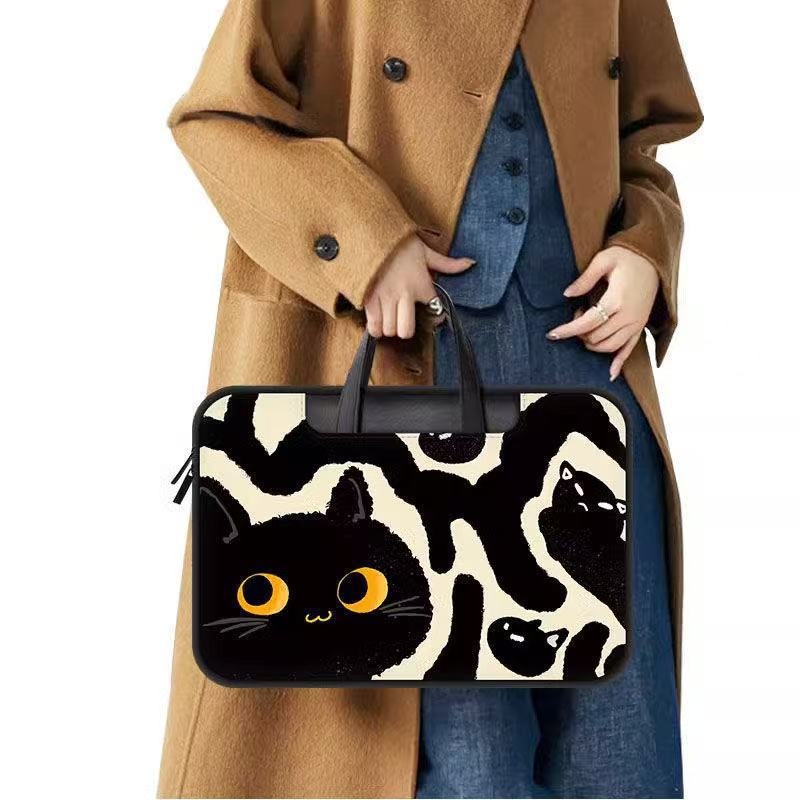 Taška na notebook s dizajnom mačky z kreslených postáv, dvojité použitie – do ruky alebo cez rameno, PU materiál, vodeodolná, odolná voči opotrebeniu, proti otrasom, unisex