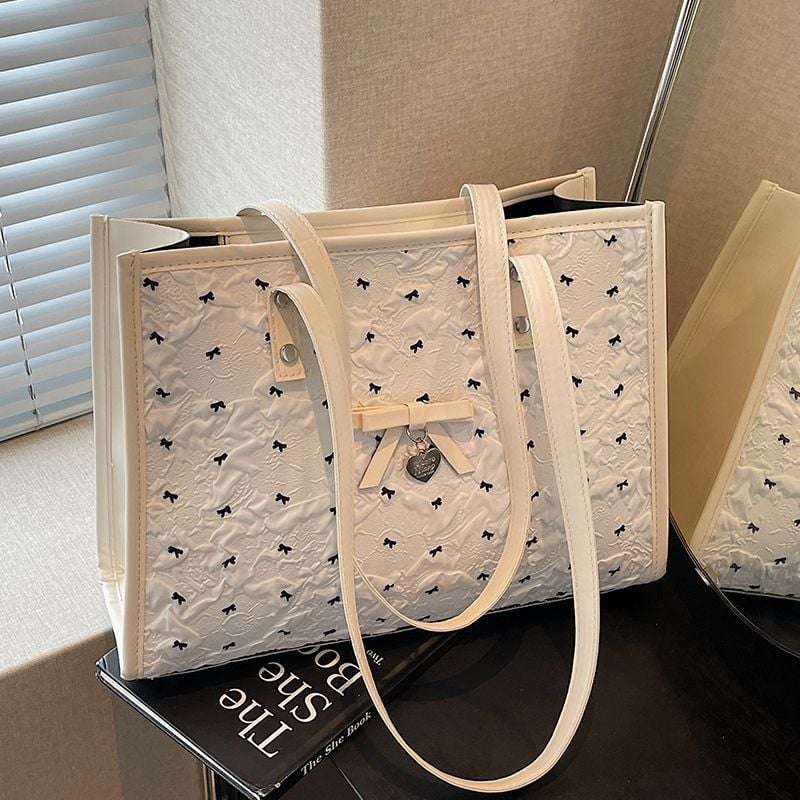 Bow Tote taška – Unisex štýl, polyester, podšívka z plátna, skrytý zipsový vrecko, vrecko na telefón a na notebook