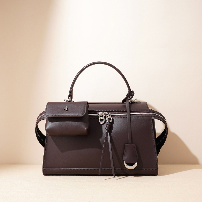 Geantă de documente pentru femei, crossbody — Piele de vițel dublă, închidere cu fermoar, formă orizontală pătrată, buzunar intern cu fermoar și buzunar pentru ID, Minimalism urban