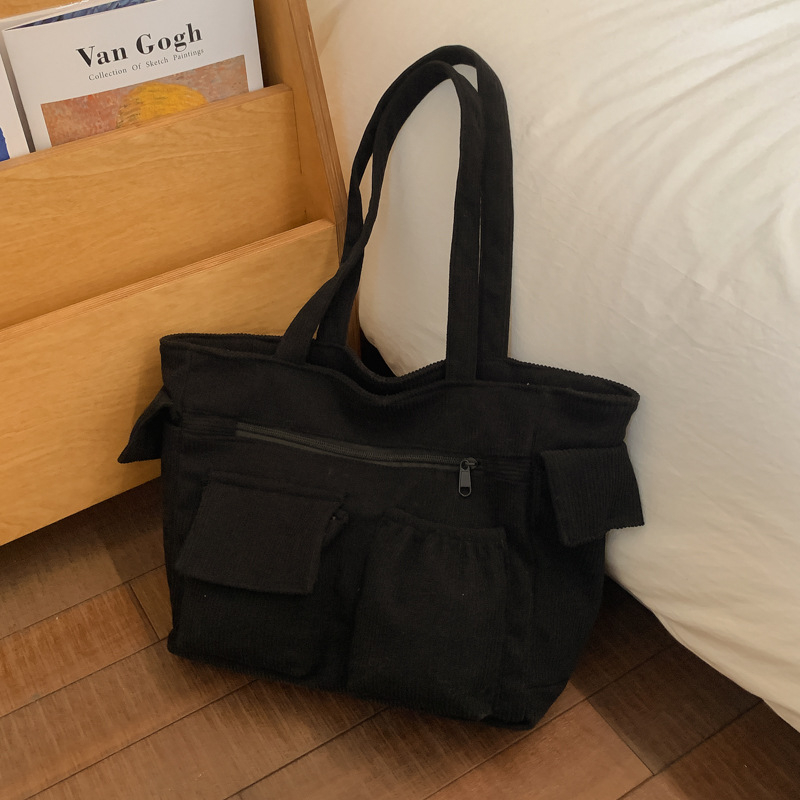Corduroy tote torba - PU materijal, kutija oblik, zatvaranje zatvaračem, poliester podstava, više džepova