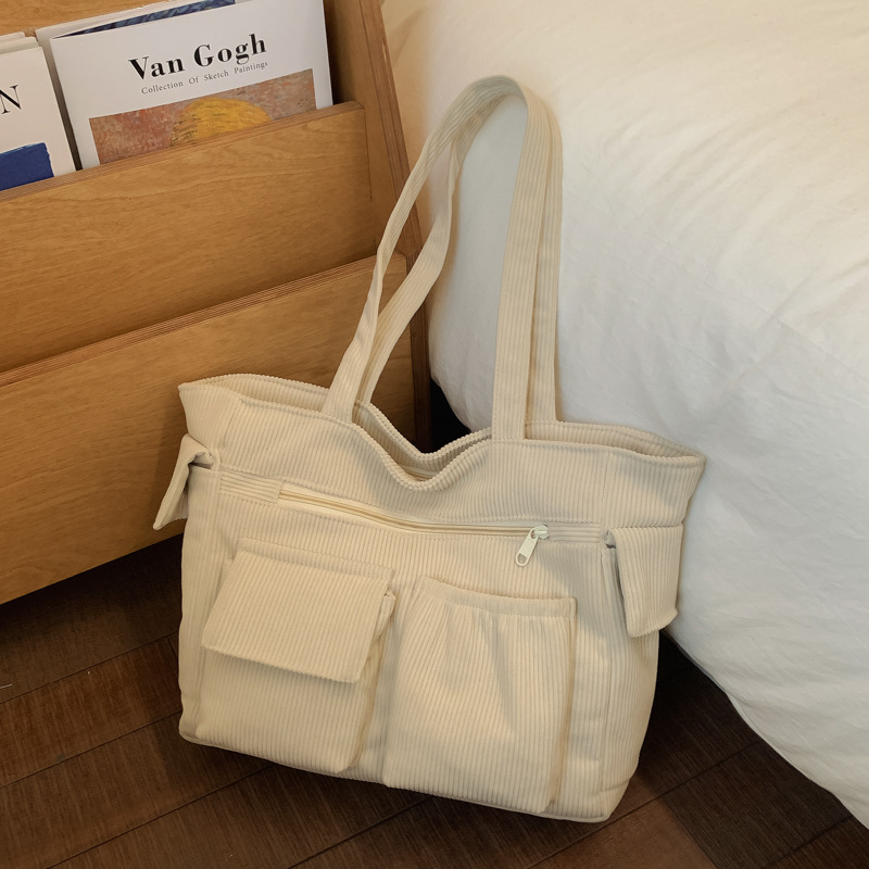 Corduroy tote torba - PU materijal, kutija oblik, zatvaranje zatvaračem, poliester podstava, više džepova