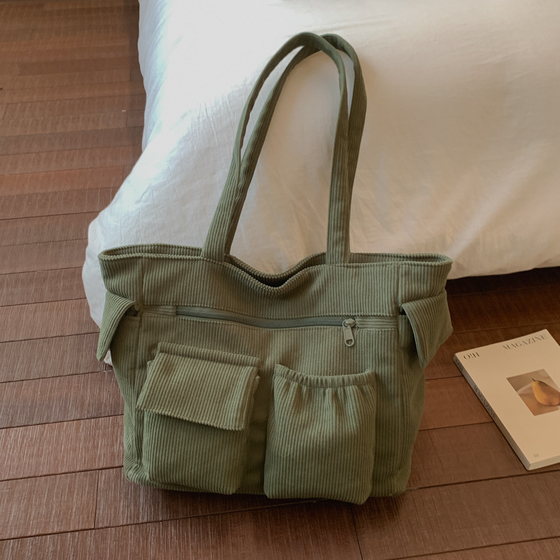 Corduroy tote torba - PU materijal, kutija oblik, zatvaranje zatvaračem, poliester podstava, više džepova