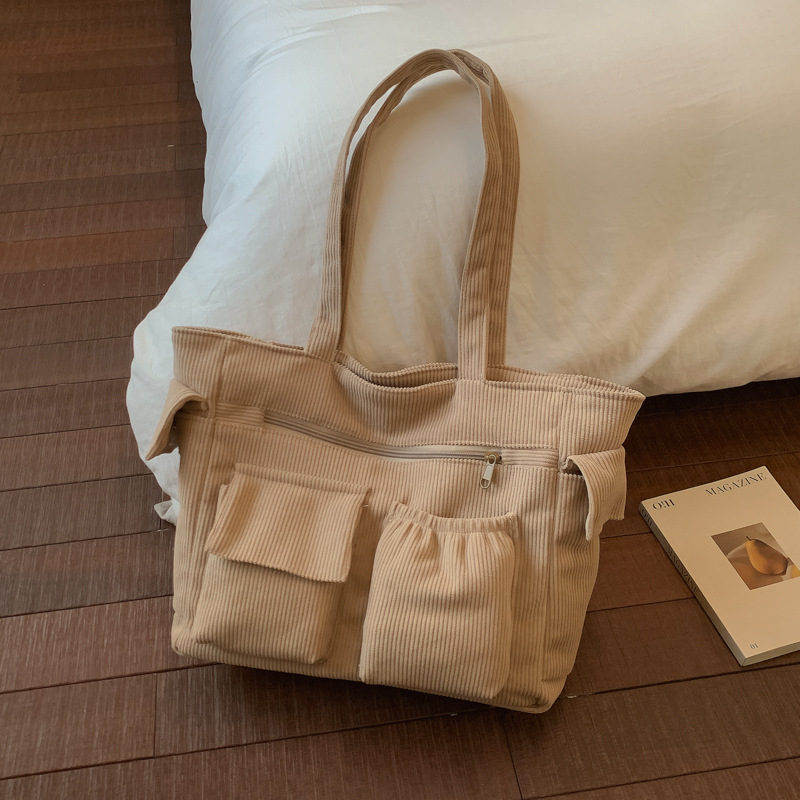 Corduroy tote torba - PU materijal, kutija oblik, zatvaranje zatvaračem, poliester podstava, više džepova