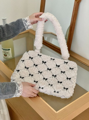 Torba za laptop na jedno rame s izvezenim leptirovim čvorom, fleece materijal, LIFEHOHO, proljeće 2025, za žene