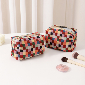 Taštička na kozmetiku a toaletné potreby - Károvaný vzor, polyester, ľahká, zips, štýl kabelky