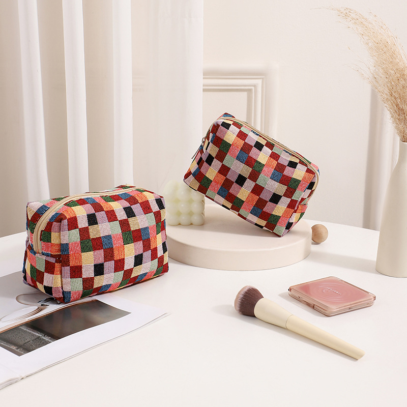 Taštička na kozmetiku a toaletné potreby - Károvaný vzor, polyester, ľahká, zips, štýl kabelky
