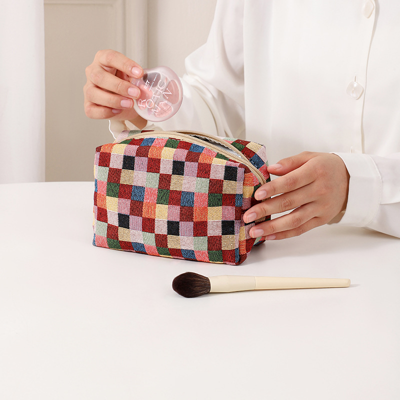 Taštička na kozmetiku a toaletné potreby - Károvaný vzor, polyester, ľahká, zips, štýl kabelky