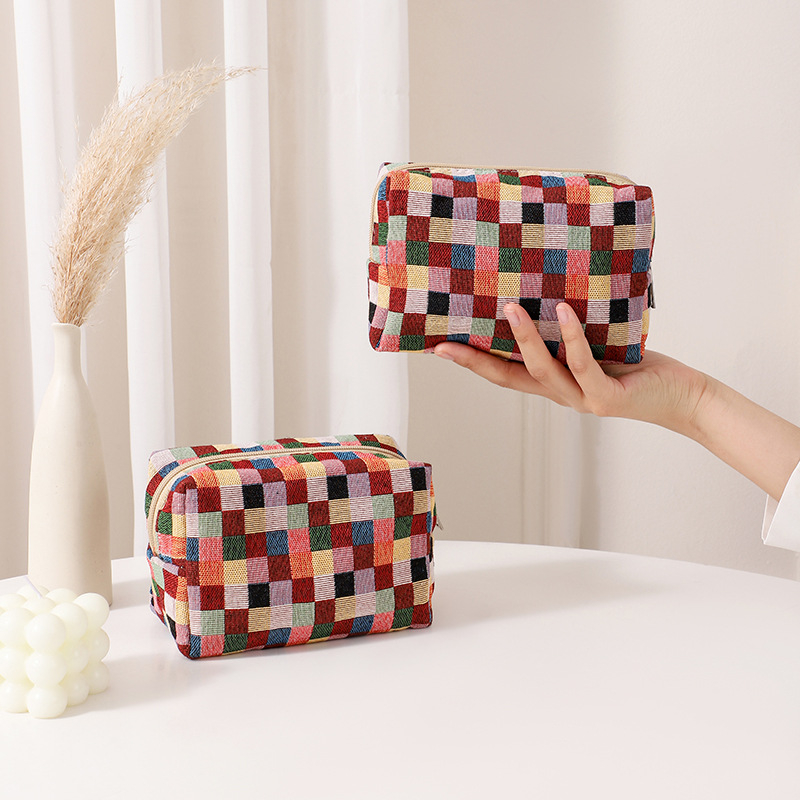 Taštička na kozmetiku a toaletné potreby - Károvaný vzor, polyester, ľahká, zips, štýl kabelky