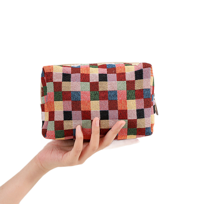 Taštička na kozmetiku a toaletné potreby - Károvaný vzor, polyester, ľahká, zips, štýl kabelky