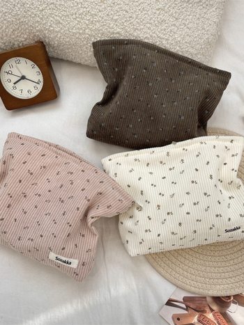 Corduroy torbica za šminku s malim cvjetnim uzorkom, velika kapaciteta, podstava od platna, gradski stil