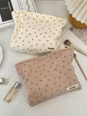Corduroy torbica za šminku s malim cvjetnim uzorkom, velika kapaciteta, podstava od platna, gradski stil