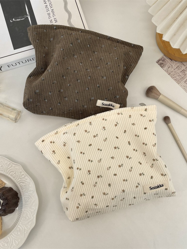 Corduroy torbica za šminku s malim cvjetnim uzorkom, velika kapaciteta, podstava od platna, gradski stil