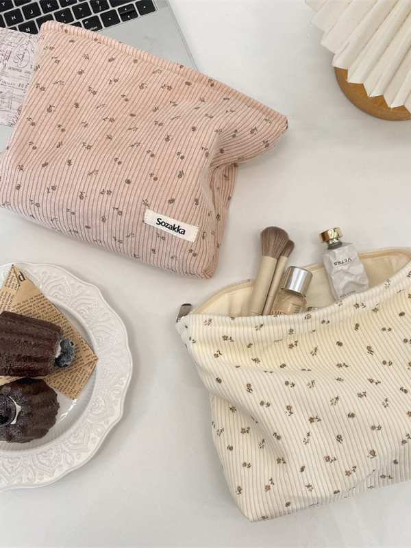 Corduroy torbica za šminku s malim cvjetnim uzorkom, velika kapaciteta, podstava od platna, gradski stil