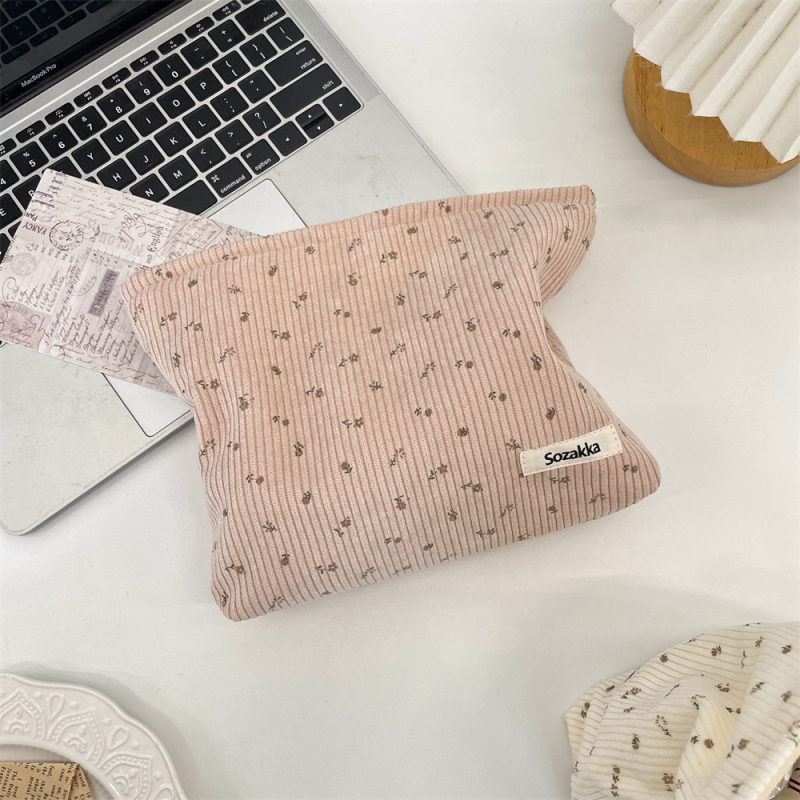 Corduroy torbica za šminku s malim cvjetnim uzorkom, velika kapaciteta, podstava od platna, gradski stil