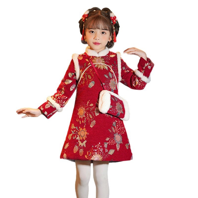 Gyerekeknek szóló Tang-stílusú ruha virágmintával, bélés nélküli poliészter anyag, téli 2025