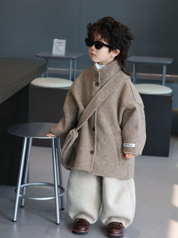 Palton pentru copii din lână, cu guler înalt, lungime medie, cașmir dublu, țesătură din lână periată, căptușeală 100% lână