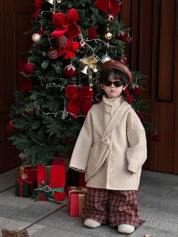 Palton pentru copii din lână, cu guler înalt, lungime medie, cașmir dublu, țesătură din lână periată, căptușeală 100% lână