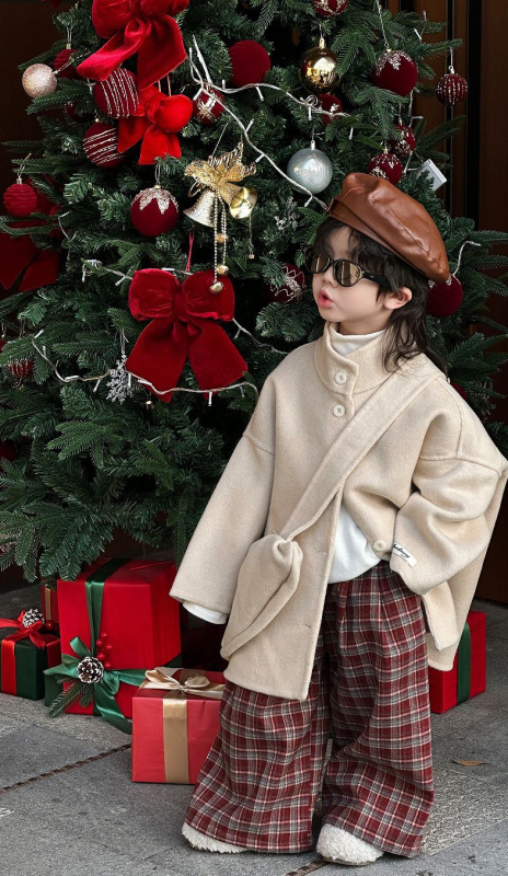 Palton pentru copii din lână, cu guler înalt, lungime medie, cașmir dublu, țesătură din lână periată, căptușeală 100% lână