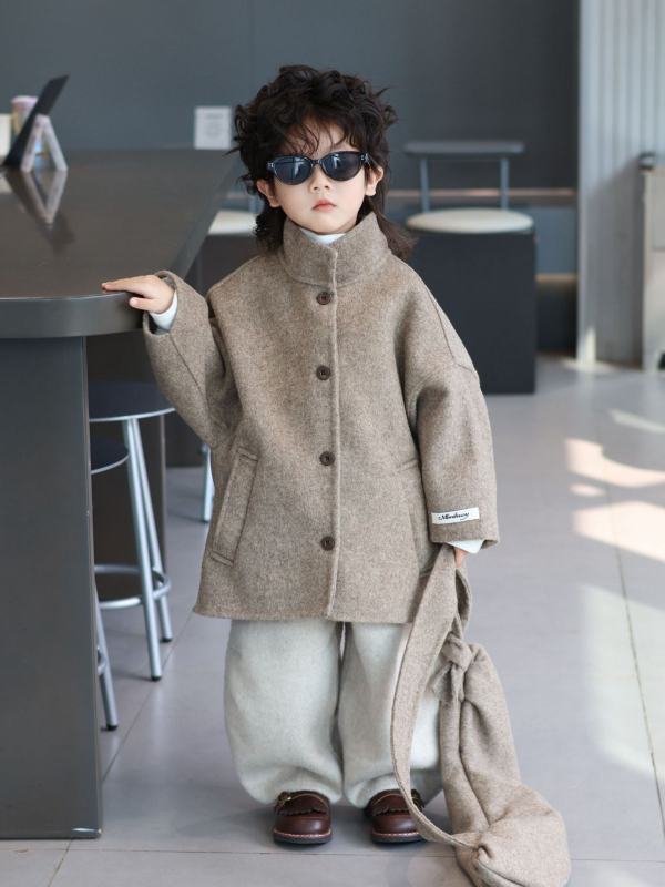 Palton pentru copii din lână, cu guler înalt, lungime medie, cașmir dublu, țesătură din lână periată, căptușeală 100% lână