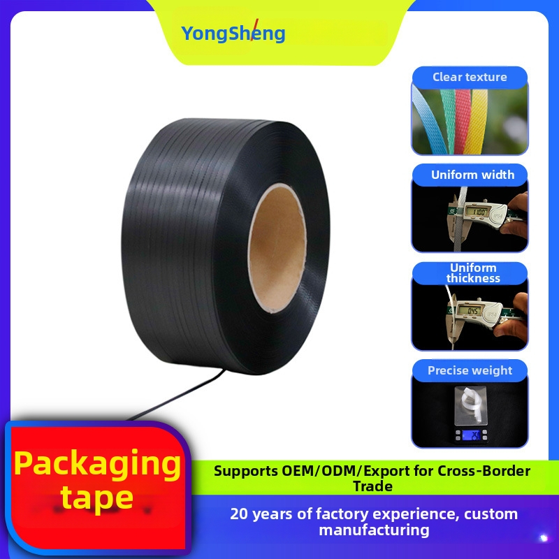 Plastmasas iepakojuma lente, 0,7 mm biezums, 12 mm plats, 110 kg izturība, veltņa ārējais diametrs 400 mm, iekšējais diametrs 200 mm; karstās līmēšanas lente, piemērota gan mašīnai, gan rokām.