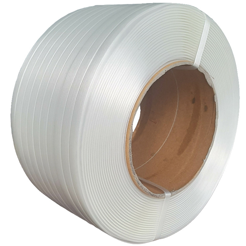 Poliestera šķiedras iepakošanas lente ar sprādzi, platums 13–32 mm, biezums 0,9–1,2 mm, rulona diametrs 200 mm