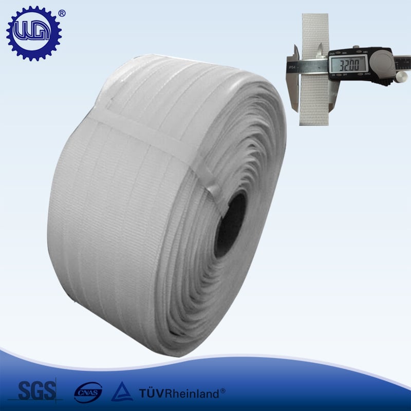 Pletienas iepakošanas siksnas smagai lietošanai – Dacron šķiedra, izturība 750–5000 kg, ārējais rullīšu diametrs 400 mm, iekšējais diametrs 76 mm, AAA klase