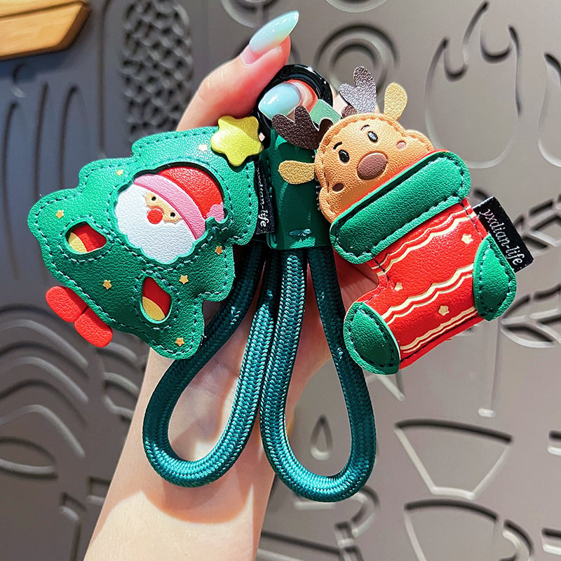 Kožni lančić za ključeve s Djedom Božićnjakom, karikaturistički stil, Three Pomelo