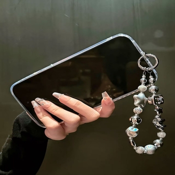 Lanac za mobitel s perlicama i narukvicom, privjesak u obliku ključa, uzorak križ/kruna/ rimskih brojeva, ručno izrađene perlice, plastika/smola