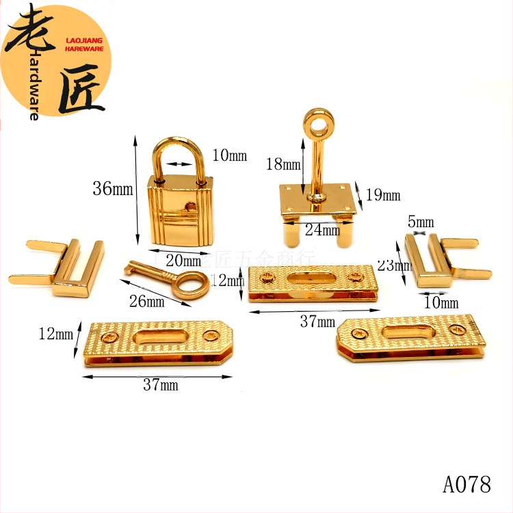 Astoņu detaļu somas riistvara komplekts: griežama slēdzene twist lock, eyelet un atslēga; cinka sakausējums; modelis A078; piemērots bagāžai