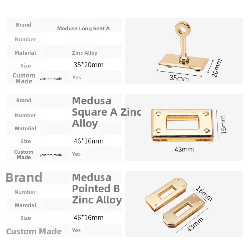Somu bloķētājs Medeuth — cinka sakausējuma bloķētājs; modeļi: Long seat A, Square A, Sharp B, Bare body real lock, Seven-shaped arch bridge; pielāgošana pieejama; piemērots dažādām somām