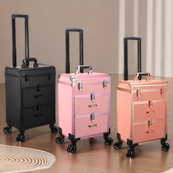 Makiažo meistrės vežimėlis su kosmetikos dėžute — medinė konstrukcija, lėktuvo tipo ratukai, užrakinimas, išplėstinis skirsnis, namų saugojimui