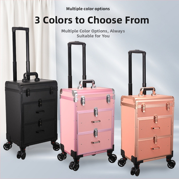 Makiažo meistrės vežimėlis su kosmetikos dėžute — medinė konstrukcija, lėktuvo tipo ratukai, užrakinimas, išplėstinis skirsnis, namų saugojimui