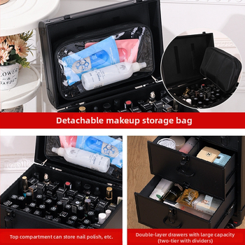 Makiažo meistrės vežimėlis su kosmetikos dėžute — medinė konstrukcija, lėktuvo tipo ratukai, užrakinimas, išplėstinis skirsnis, namų saugojimui