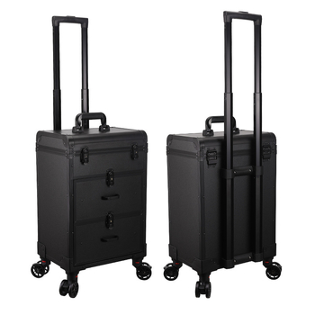 Makiažo meistrės vežimėlis su kosmetikos dėžute — medinė konstrukcija, lėktuvo tipo ratukai, užrakinimas, išplėstinis skirsnis, namų saugojimui